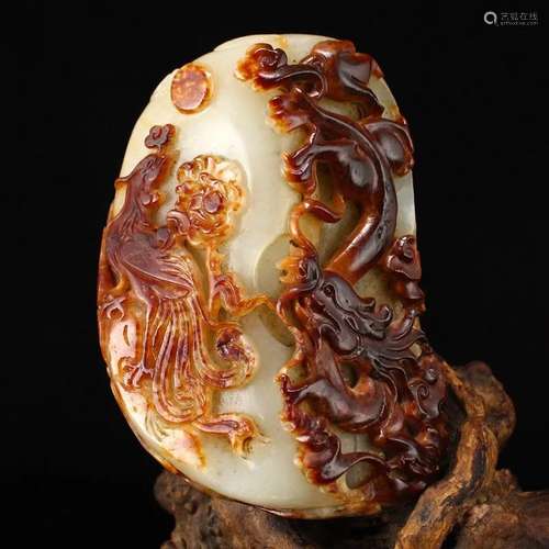 Superb Chinese Hetian Jade Dragon & Phoenix Statue