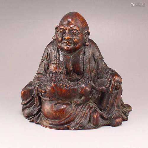 Chinese Bamboo Root Buddhism Arhat & Lion Statue