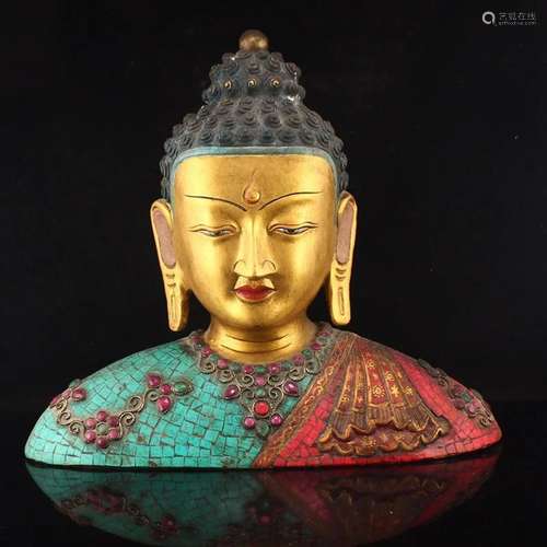 Gilt Gold Red Copper Inlay Turquoise Buddha Head Statue