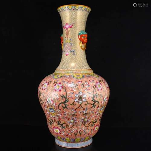 Gilt Gold Famille Rose Double Ears Porcelain Big Vase