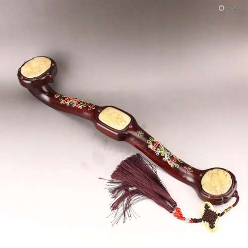 Zitan Wood Inlay Hetian Jade & Gems Enamel Ruyi Scepter