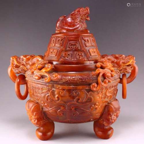 Qing Ox Horn Double Dragon Rings Incense Burner