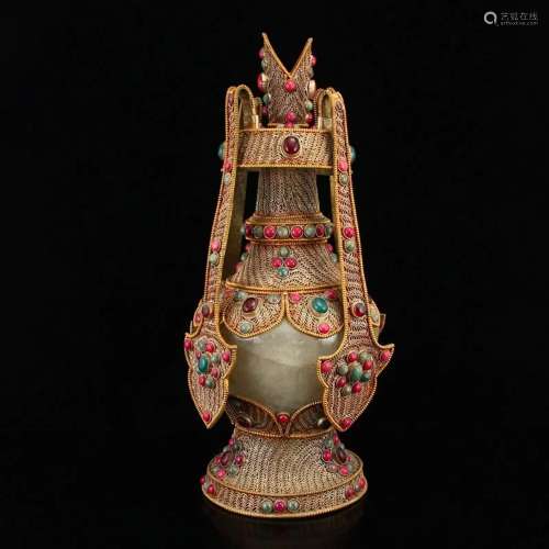 Vintage Tibetan Crystal Inlay Silver Wire & Gems Bottle