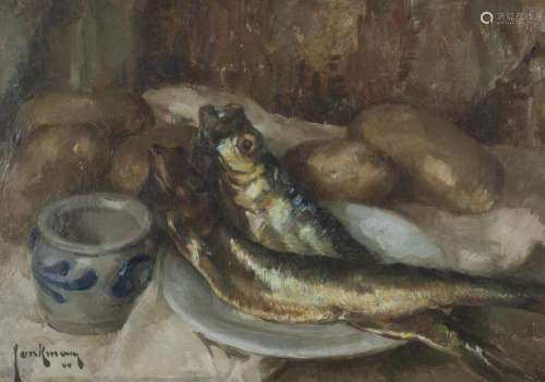 ADÈLE JONKMANS (1893- ?) Nature morte aux poissons, 1944 Hui...