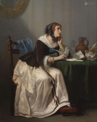 BENEDICT MASSON (1819-1893) Femme écrivant Huile sur panneau...