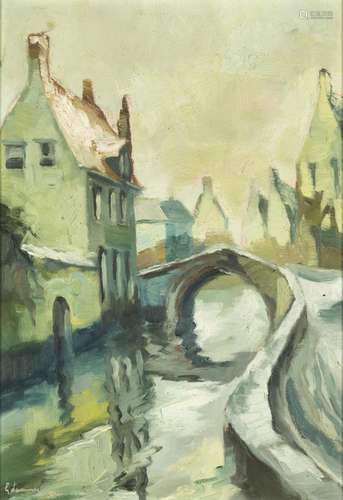 ÉMILE LAMMERS (1914-1990) Vue de Bruges Huile sur toile. Sig...