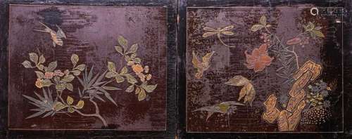 Chinese Art A pair of wooden lacquered screens carved with f...