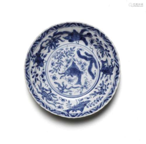 Chinese Art A blue and white porcelain dish painted with car...
