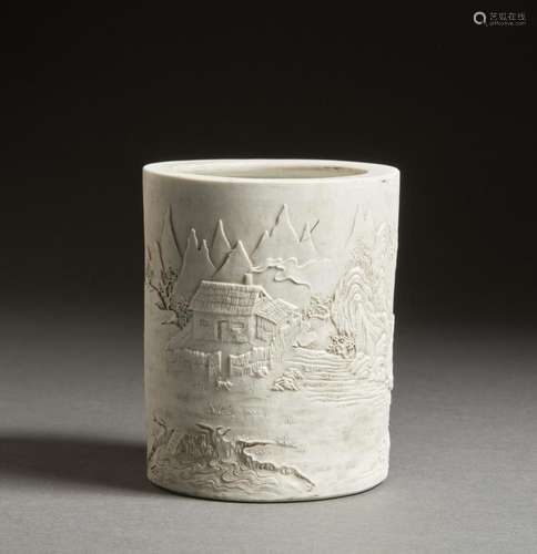 Chinese Art An unglazed white pottery brushpot bearing a Qia...