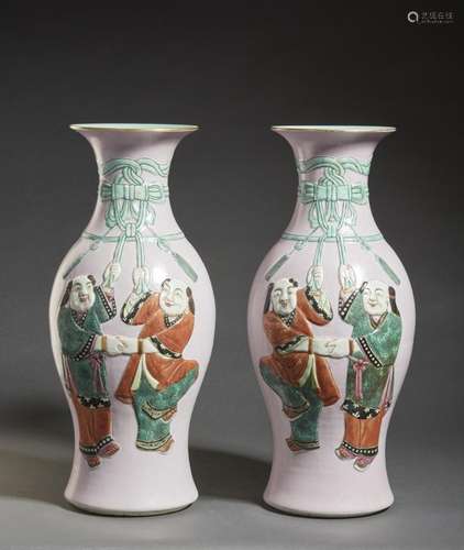 Chinese Art A pair of famille rose pottery baluster vases be...