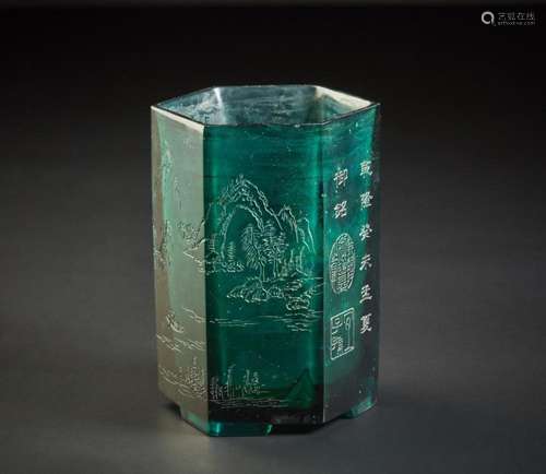 Chinese Art An hexagonal Beijing glass brushpot engraved wit...