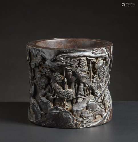 Chinese Art A hardwood brushpot carved with characters China...