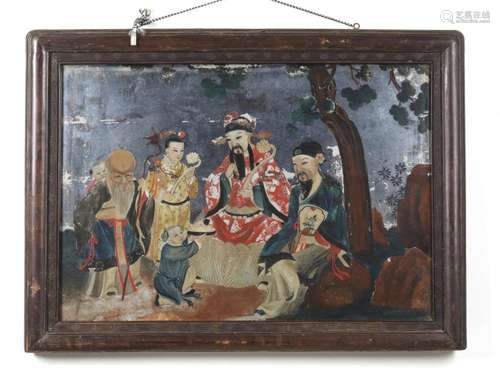 Chinese Art A reverse painting depicting Immortals under a t...