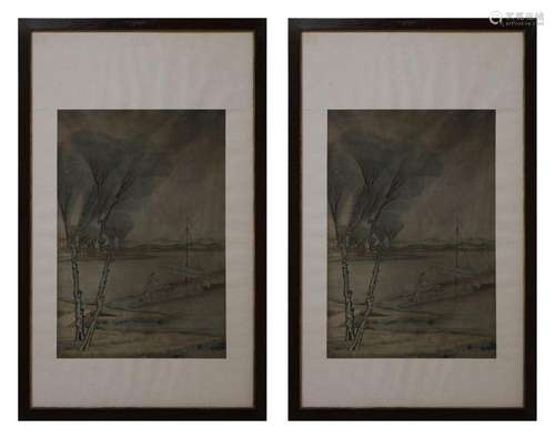 Chinese Art A pair of paintings depicting characters cruisin...