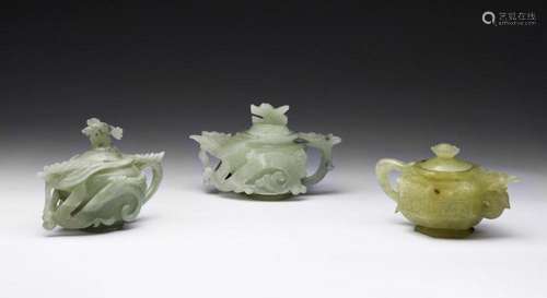 Chinese Art A group of three green jade teapots and covers C...