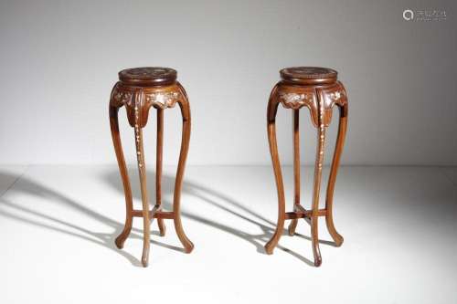 Chinese Art A pair of tall hardwood gueridon with mother-of-...