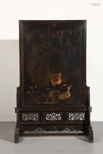 Chinese Art A large black lacquered floor screen painted wit...