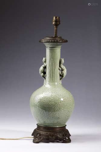 Chinese Art A celadon glazed bottle vase mounted as a lamp C...