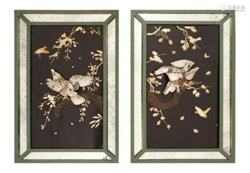 Japanese Art Two Shibayama style panels with birds of blosso...