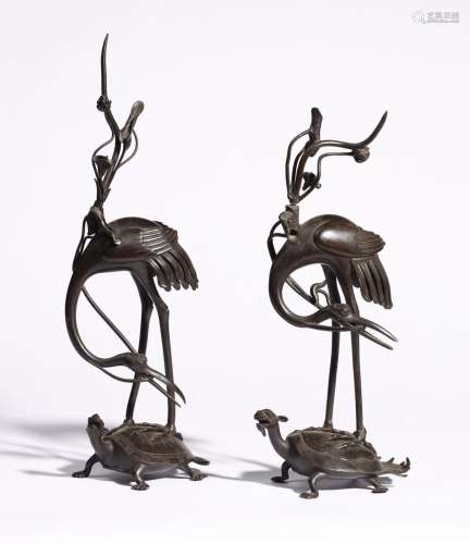 Japanese Art A pair of dark bronze cranes Japan, 19th centur...