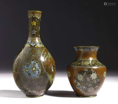 Japanese Art Two small cloisonné vases over brown ground Jap...