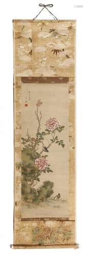 Japanese Art A painting on silk depicting birds on a fine em...