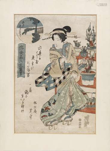 Japanese Art Three woodblock prints depicting Bijin Japan, e...