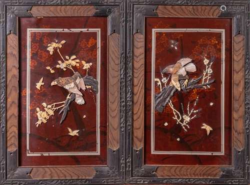 Japanese Art Two Shibayama style screens with mother of pear...