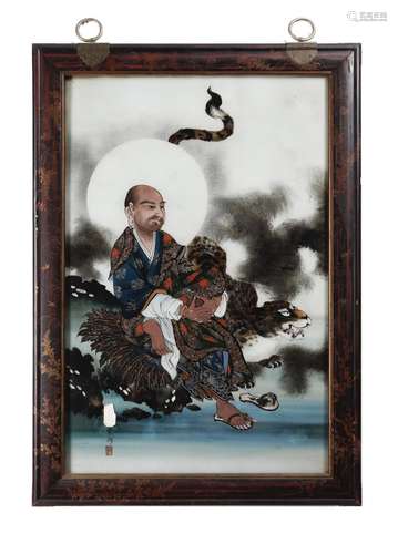 Japanese Art A large reverse mirror painting with Lohan and ...