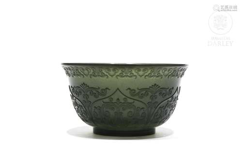 Carved green jade bowl, 20th century