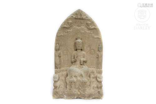 Carved stone sculpture, "Buddha enthroned", 20th c...