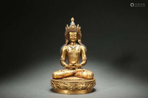 Bronze Statue of Buddha with Golden Paint Design