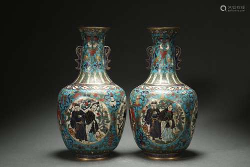 A Pair Cloisonne Vases with Double Handles, Qianlong Reign P...