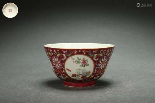 Famille Rose Carmine Red Glazed Bowl with Floral Design on A...