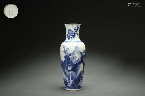 Blue-and-white Wood Stick-shaped Vase with Landscape and Pav...