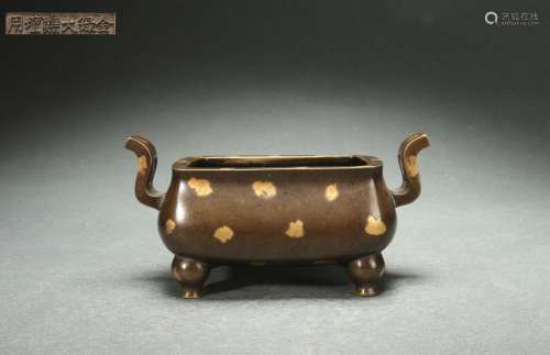 Bronze Four-footed Censer with Snowflake Gold Design and Cou...