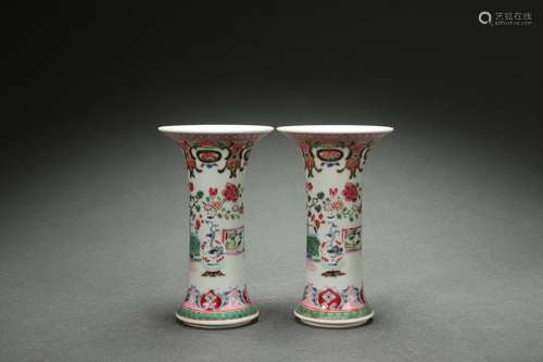 A Pair Famille Rose Flower Vases with Floral Design