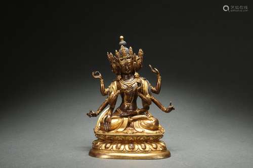 Gilt Bronze Statue of Woman Buddha with Three Heads and Eigh...