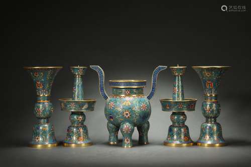 Chinese Cloisonne Five Offering Vessels, Qianlong Reign Peri...