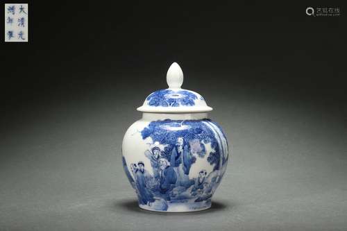 Blue-and-white Covered Jar with Figure Stories Design, Guang...