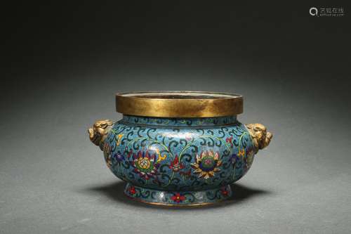 Cloisonne Censer with Lion-shaped Handles, Qianlong Reign Pe...