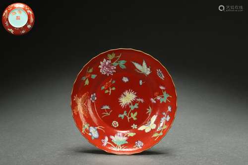 Famille Rose Dish with Floral Design on A Red Ground, Qianlo...