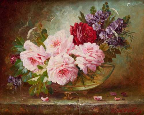 Huile sur panneau: Composition aux roses et lilas.Signée: Ma...