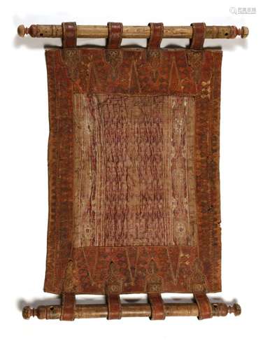 Islamic Art A silk velvet and leather folding cradle Iran, 1...