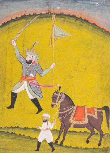 Indian Art A miniature painting depicting a warrior with hor...