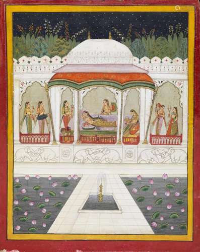 Indian Art A large nocturnal painting depicting ladies at le...