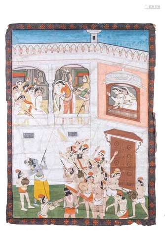 Indian Art A large decorative Indian painting on cloth depic...