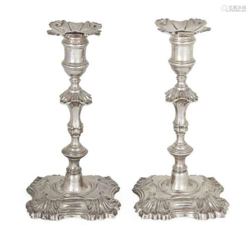 A PAIR OF GEORGE II CAST SILVER CANDLESTICKS, LONDON, 1751, ...