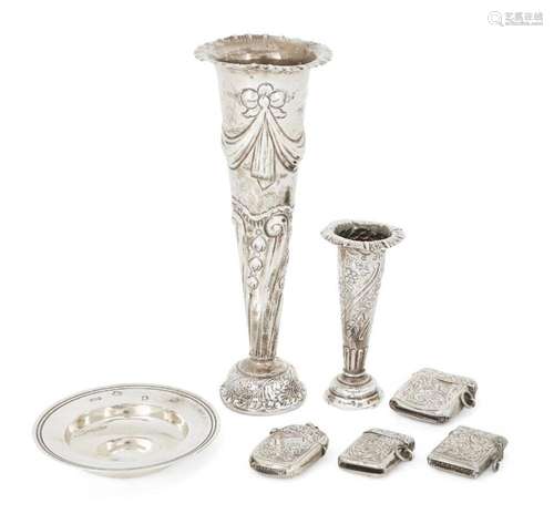 TWO LATE VICTORIAN SILVER POSY VASES, THE LARGER EXAMPLE LON...