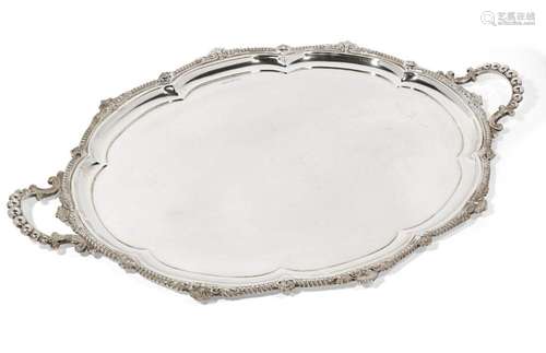 A LARGE EDWARDIAN SILVER TRAY WITH BEADED TWIN HANDLES, SHEF...